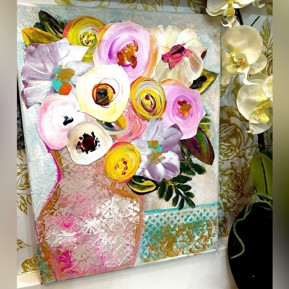 Original Art Painting Mixed Media Acrylic Collage on Canvas 12x16 Pink Floral - Picture 1 of 12